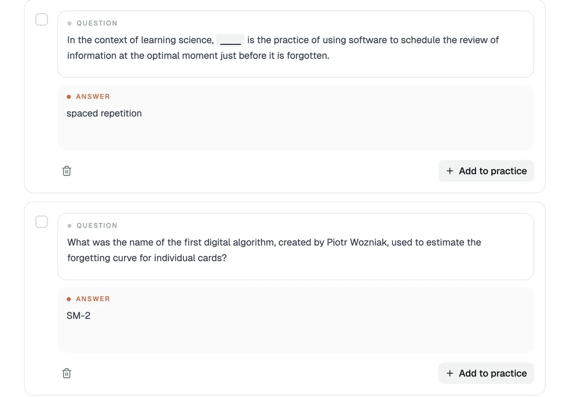 Two flashcards Winda generated from an article, each with a question, an answer, and an Add to practice button.