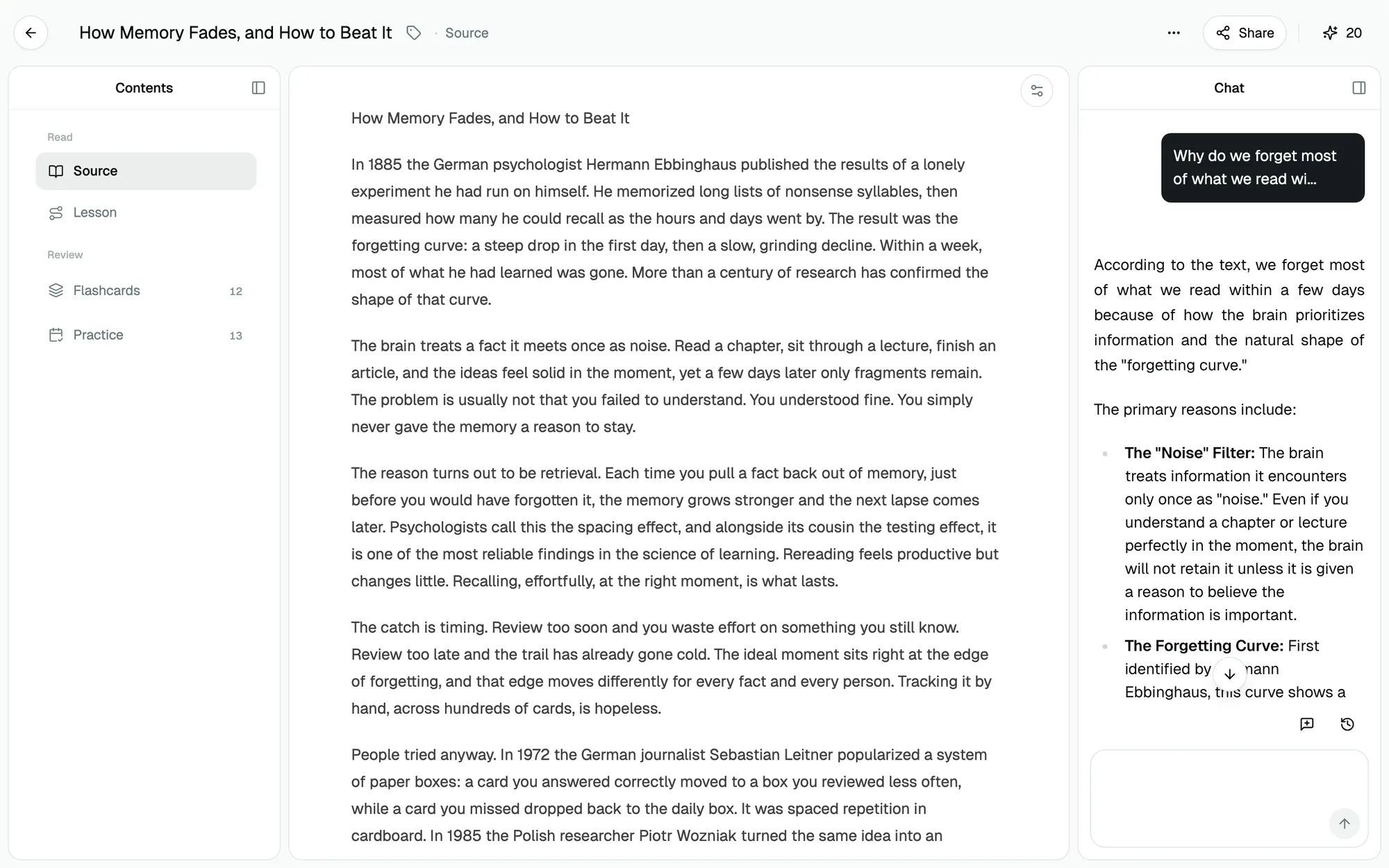 Winda reading an article in a focused three-pane view, with an AI chat answering a question about it.